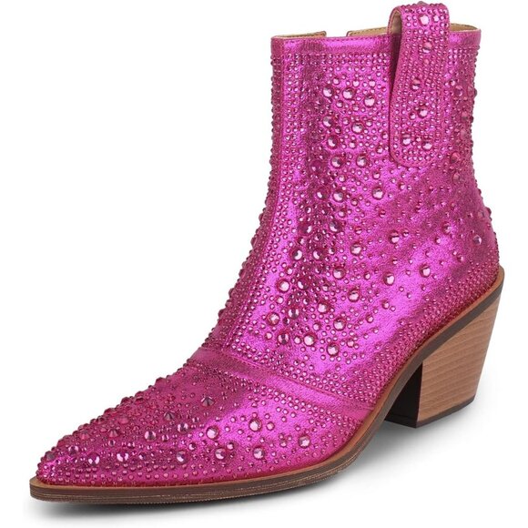 ISNOM Rhinestone Cowboy Sparkly Ankle Boots with Pointed Toe and Chunky Heel - Picture 1 of 7